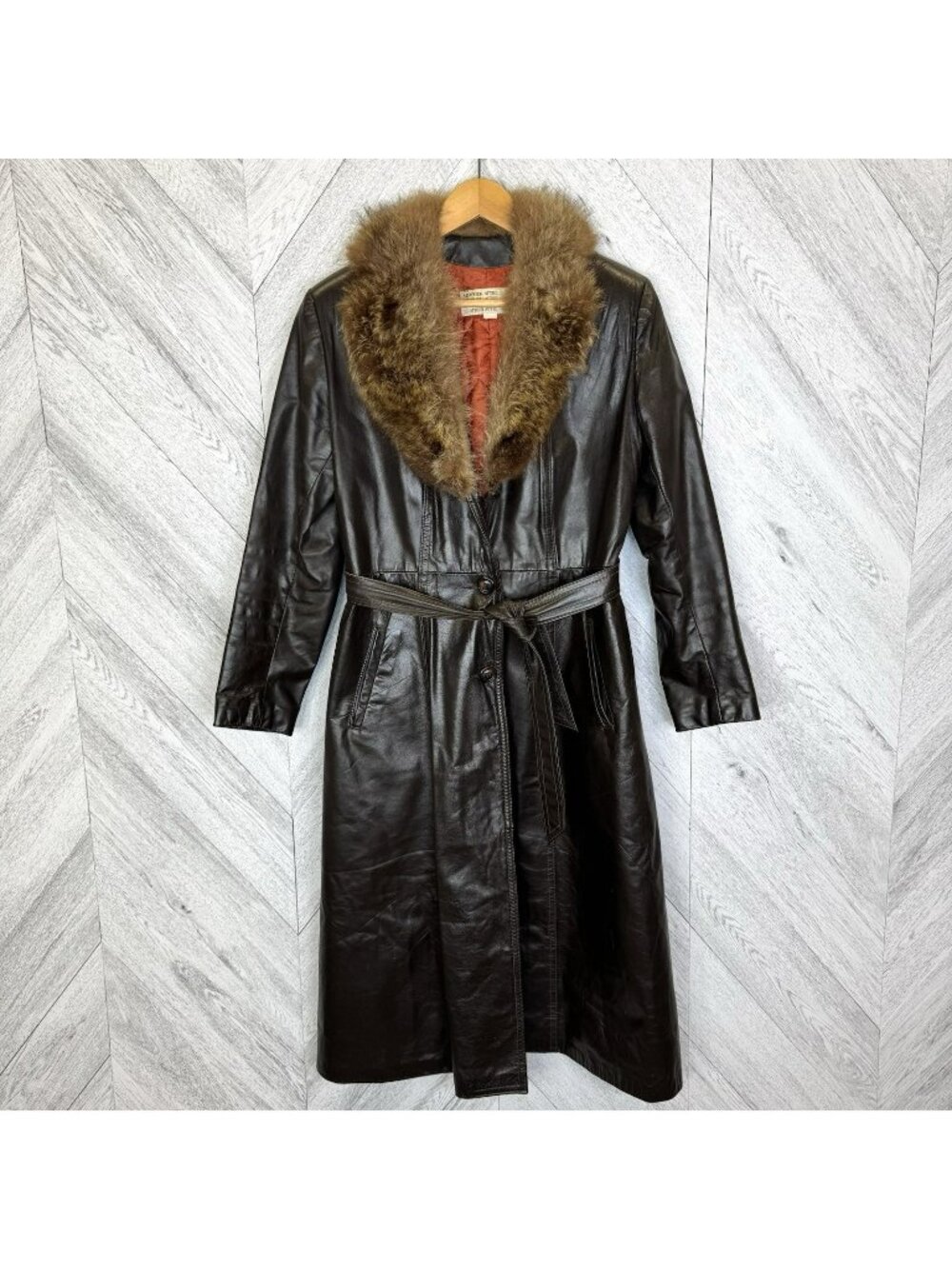 Vintage 70's Brown Long Leather Belted Trench Coat Fur Collar Womens Size Small